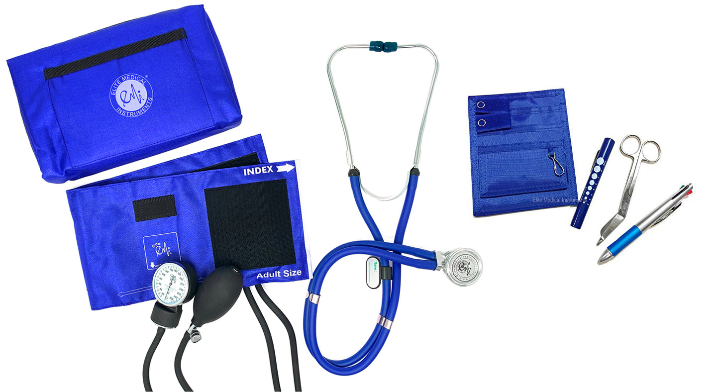 EMI NK-330 6 Piece Nurse Kit - BLACK - Sprague Rappaport Stethoscope, Aneroid Sphygmomanometer, and Pocket Organizer Set (Includes Chart Pen, 5.5 in. Lister Bandage Scissors, Pen Light)