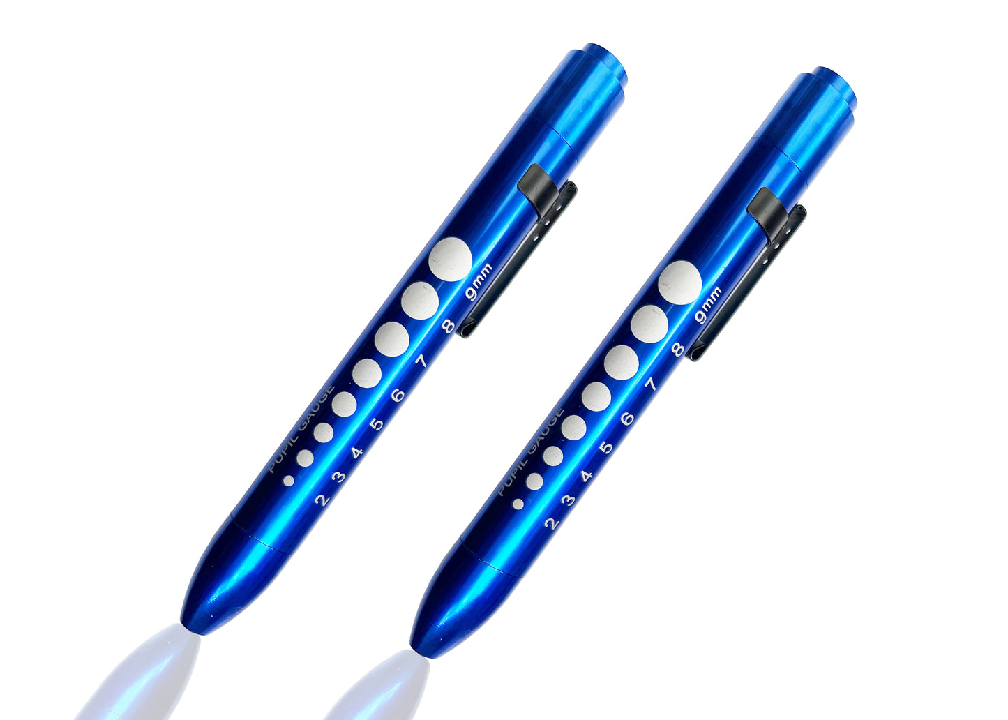 Two blue pens with dot patterns on a white background