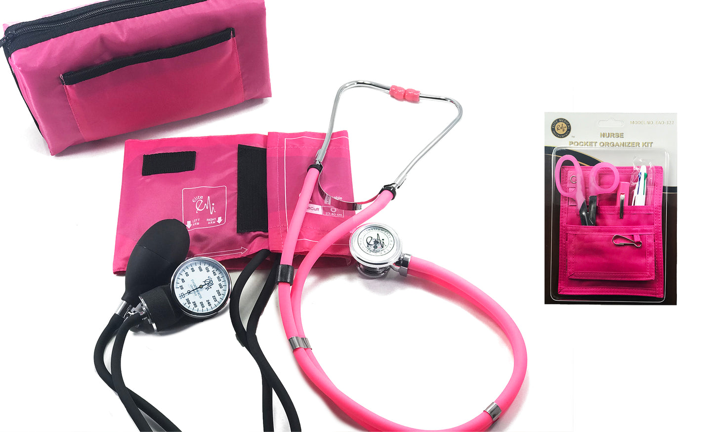EMI NK-330 6 Piece Nurse Kit - BLACK - Sprague Rappaport Stethoscope, Aneroid Sphygmomanometer, and Pocket Organizer Set (Includes Chart Pen, 5.5 in. Lister Bandage Scissors, Pen Light)