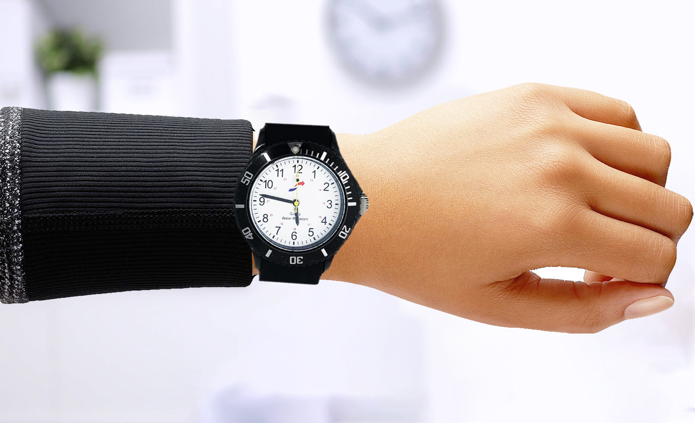 Scrub Smart Basics Nurse Watch – Easy-Read Dial, 24-Hour Quartz Movement, Water-Resistant, Medical Watch with Second Hand (Black) SW-B-100